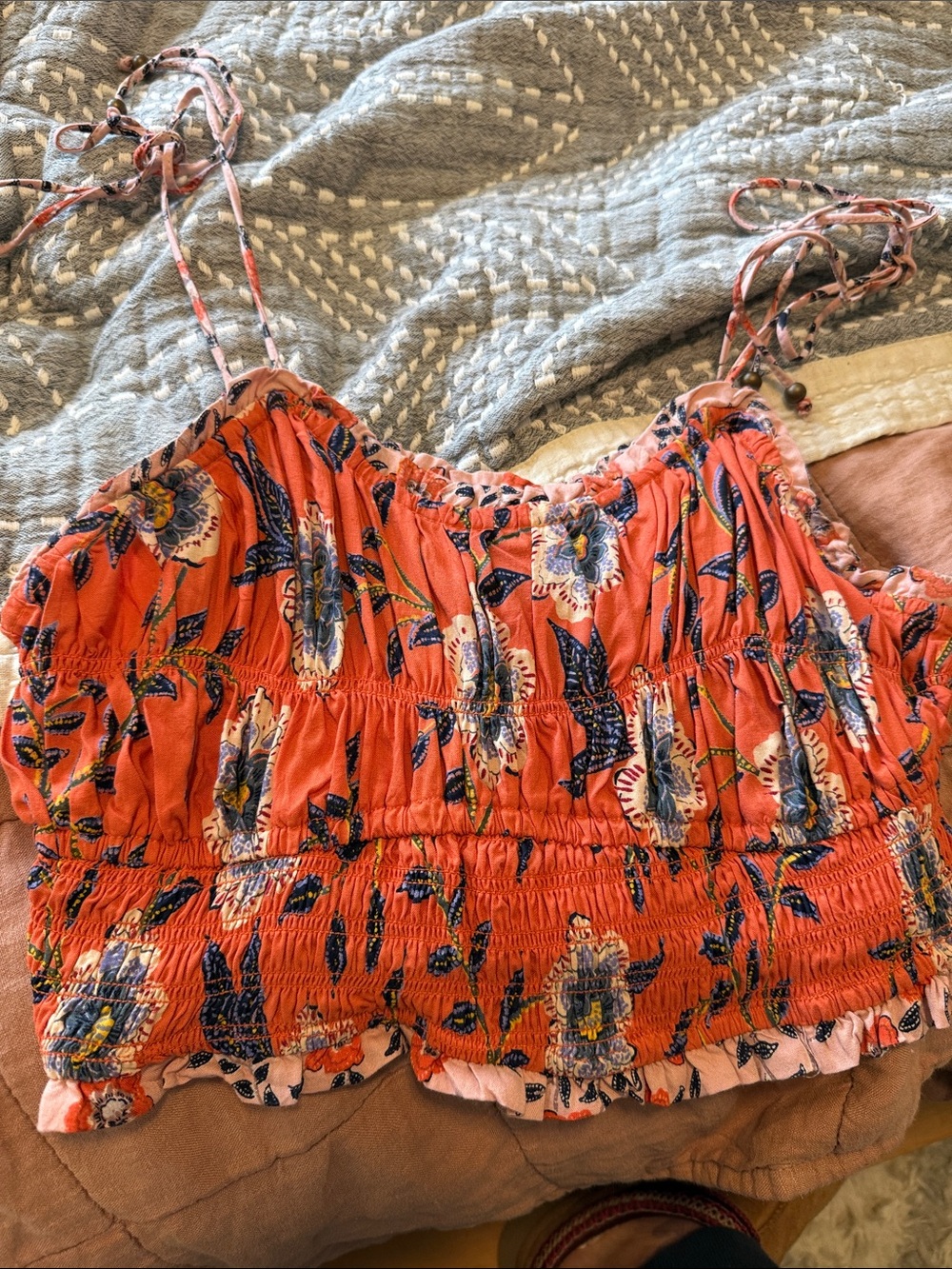 Angie Coral Floral Smocked Crop Top with Blue Accents